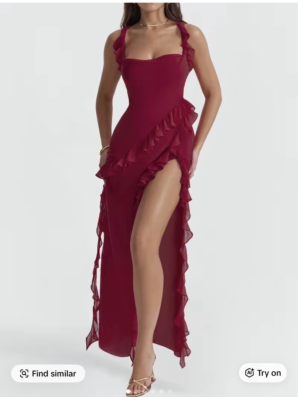 Ruffle Square Neck Slit Maxi Elegant Burgundy Evening Dress Never worn nwot